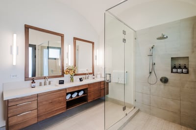 #1. His and Hers Double Sink Bathroom, a Spacious, Modern Shower and all the bathroom essentials.