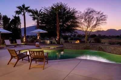 Great patio views - across the pool and golf course to the sunsetting over the mountains