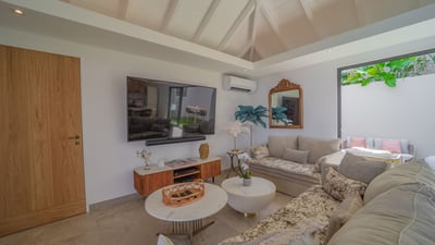 Living Area: Spacious inside air-conditioned living area opened on the pool. Comfy sofas, bookshelf,