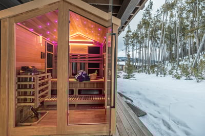 Unwind in your private sauna with warming infrared lights, where winter birch views create perfect N