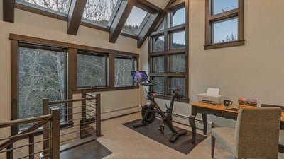 Loft level via spiral staircase leads to office space, more views, and a Peloton!