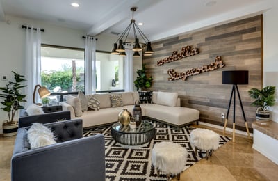 Custom living room with plenty of seating for large groups