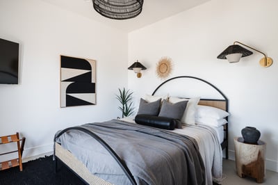 Square bedroom with king bed - accessible through Jack n Jill bathroom or through the private patio 