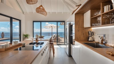 Kitchen & Dining Area: Fully equipped with bar, electric oven, gas stove, dishwasher, fridge and fre