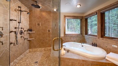 Bedroom 1, Main-Upper Level - Ensuite bathroom for King bedroom with dual shower heads and steamer