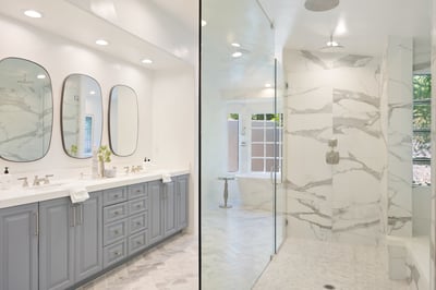 Luxurious ensuite bathroom with huge walk-in shower and a freestanding tub.