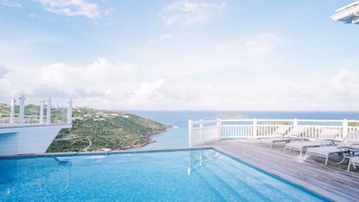 Pool & Jacuzzi & Terrace: Expansive and various areas with lounge chairs, heated Jacuzzi with panora