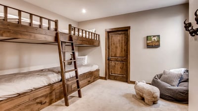 Lower level bunkroom with 4 XL twin beds