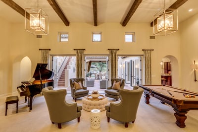 Game room with billiards, grand piano and seating