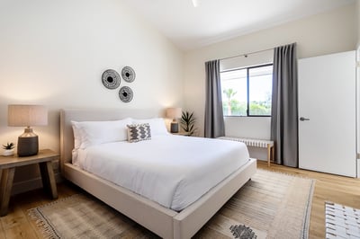 Large guest bedroom 6 with smart TV and ceiling fan.