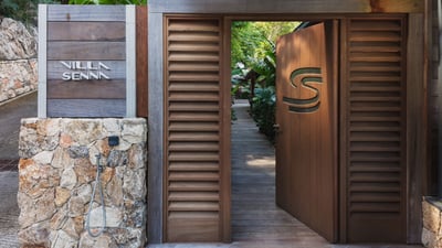 Outdoors: The villa is located in a private domain. The villa is built on multiple levels and has a 