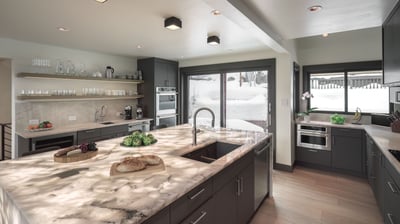 Gourmet Kitchen, Main Level - Back-lighted quartz counter island