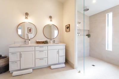 Primary bathroom - dual vanities, luxurious walk-in shower and freestanding tub!