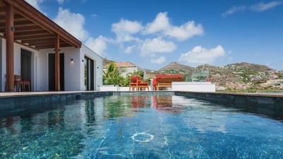 Patio & Pool: Nice patio with a red light wood bench and a light wood coffee table. Lounge area and 