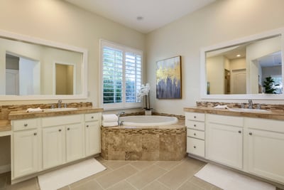 Primary en suite with walk in shower, soaking tub, double vanity and walk in closet