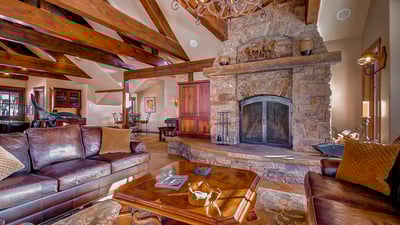 Great room with stone wood burning fireplace