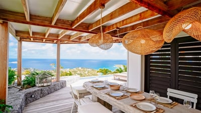 Dining Areas: Indoor dining table for 6 guests. Outdoor dining table for 8 guests on the covered ter