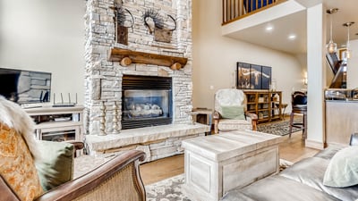 Great room with stone fireplace