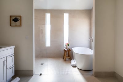 Primary bathroom - dual vanities, luxurious walk-in shower and freestanding tub!