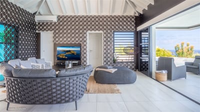 Living Area: Great room with ceiling fan, HD-TV, Dish Network. The living room opens onto the t