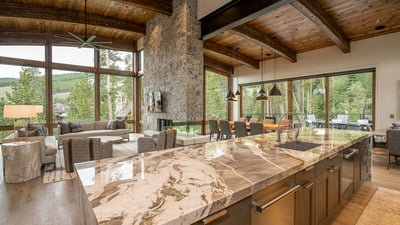 Professional grade kitchen overlooks great room and dining area, with breakfast nook adjacent to kit