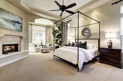 Primary Bedroom 1 with king bed, fireplace, TV and en suite bath