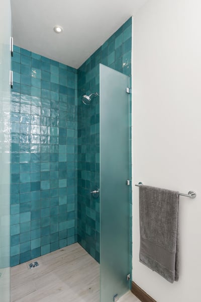 - Step into a refreshing walk in shower wrapped in striking teal tilework
- Frosted glass adds priva
