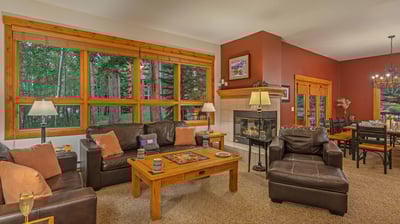 Main level great room with 2-sided fireplace