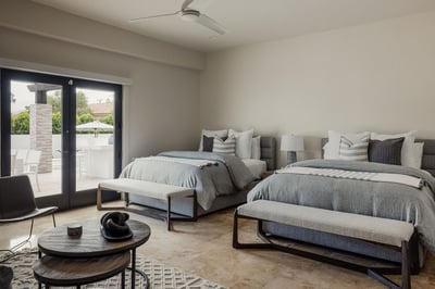 Guest bedroom 5 with 2 Queen beds, Sleeper Sofa, Smart TV and en suite bathroom with double vanities