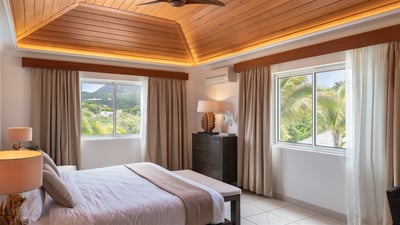 Bedroom 1: Next to the living room. King size bed, air conditioning, ceiling fan, desk. Ensuite
