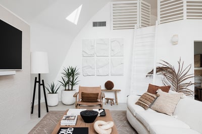 The open concept main room naturally accentuates the architectural geo dome with a yoga/meditation l