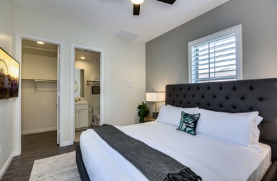 Detached casita bedroom 2 with private entrance, king bed, walk in closet and en suite bath