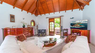 Living Area: HD-TV, Canal satellite, fan. It opens both onto the front pool terrace and the back gar