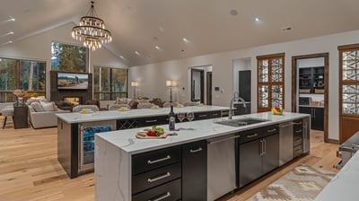 Kitchen with double islands looking into great room