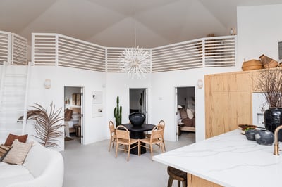 The main dining structure is furnished with a full kitchen, living room, indoor dining space, and fo