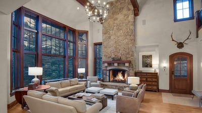 Great room with beautiful stone fireplace