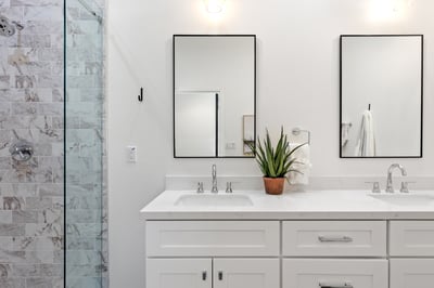 Clay & Driftwood Shared Bath - Vanity and dual sinks.