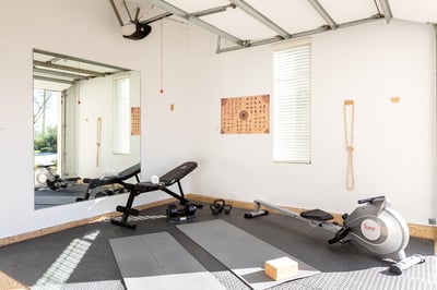Home gym with yoga mats, yoga blocks, row machine, TV and more!