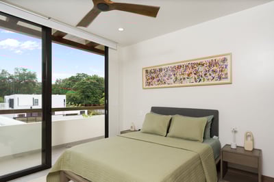 - Queen bed with soft green tones sets the stage for restful nights and sunny mornings
- Step outsid