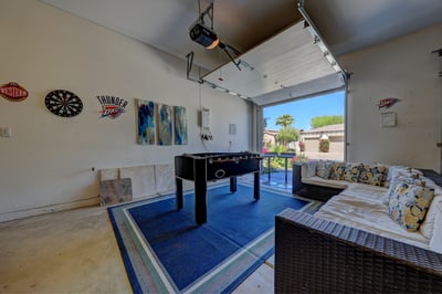 Garage lounge with seating and foosball