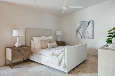 Guest bedroom 3 with Queen bed, smart TV, direct courtyard access and en suite bathroom.