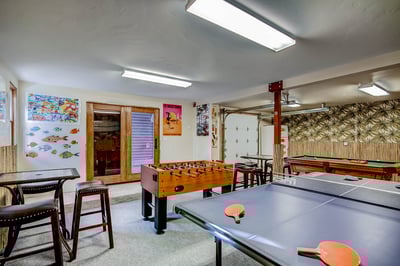 Recreation room with billiards, ping pong, foosball