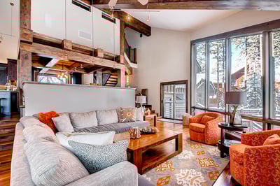Great room with stairs to kitchen