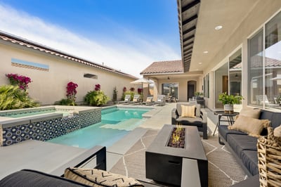 Private backyard with pool jacuzzi and fire pit