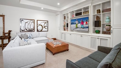 Family room on lower level with couches, TV and billiards