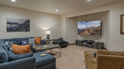 Lower level family room with cozy seating
